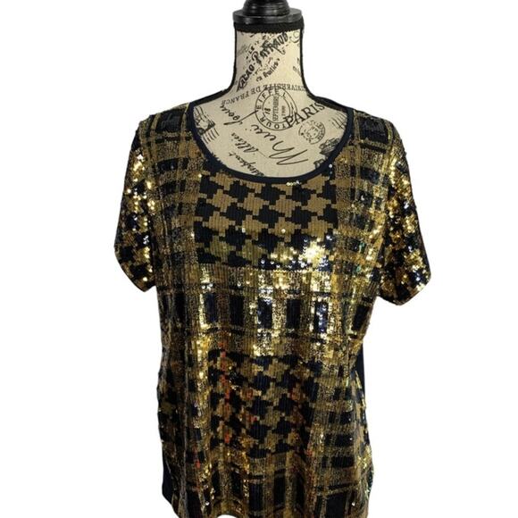 Michael Kors Women's Size Medium Blouse Black & Gold Sequins Holiday Christmas - Picture 12 of 12